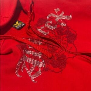Red Avirex Hoodie with Rhinestone Lettering